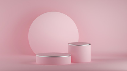 3d render, abstract pink minimal background, clean style. Empty cylinder podium, vacant pedestal, round stage, showcase stand, product display, blank board, expo platform. Copy space. Premium design