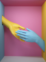 3d render, blue yellow hands isolated on pink background, female mannequin body parts inside box, handshake, minimal fashion background, helping hands, partnership concept