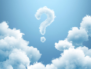 3d render, clouds over blue sky, cloudy question mark above, abstract curiosity concept. Simple...