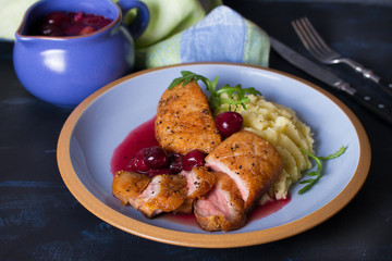 Duck breast with cherry wine sauce and mashed potato