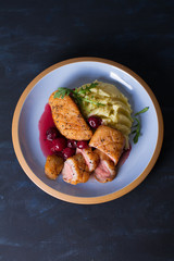 Duck breast with cherry wine sauce and mashed potato. View from above, top view