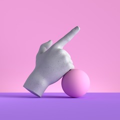 3d render, mannequin hand and ball, finger pointing up, direction gesture, isolated on pink background, minimal fashion concept, simple clean design. Limb prosthesis