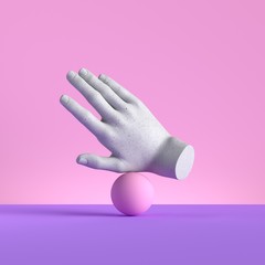 3d render, mannequin hand, ball equilibrium. Balance metaphor, gesture, isolated on pink background, minimal fashion concept, simple clean design. Limb prosthesis