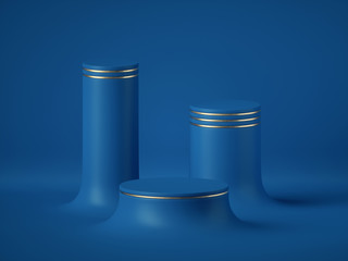 3d render, abstract blue background modern minimal concept clean style. Empty cylinder podium, vacant pedestal, round stage, showcase, product display, futuristic expo platform. Color of the year 2020