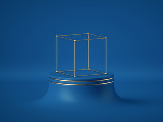 3d render, abstract blue background, modern minimal concept, clean style. Cylinder podium, pedestal, round stage, showcase, product display, futuristic expo platform. Golden cube. Color of 2020
