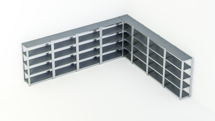 3D isometric image of supermarket warehouse racks staying in a row in the corner on white isolated background