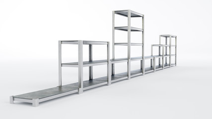 3D image of supermarket warehouse racks staying in a row on white isolated background