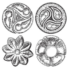 Set of elegant vintage circular floral ornament in classic style. Round oriental flower element for pattern. Circle stucco ceiling moulding rosette. Vector.