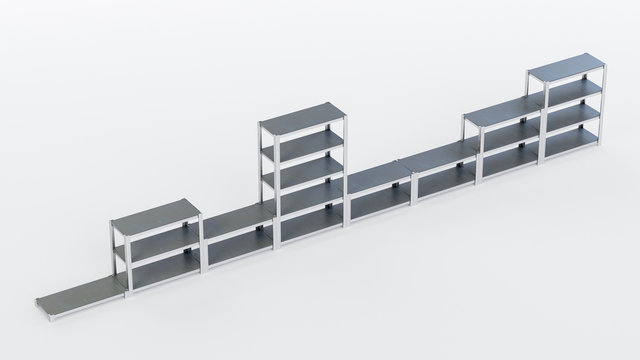 3D image of supermarket warehouse racks staying in a row on white isolated background