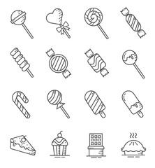 Set of sweets and candies icons with outline style.