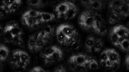 Dark faces of corpses the screaming. Black and white background. Illustration in horror fantasy genre. Coal and noise effect. Gloomy characters from nightmares. - obrazy, fototapety, plakaty