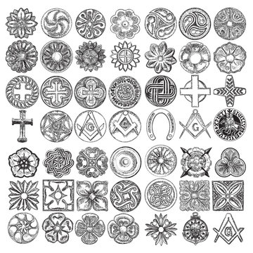 Set of decorative circle and square ornament of carved flowers. Round Christian cross, five pointed star. Square and Compass, Masonic. Nautical, marine anchor, skull. Horseshoe luck amulet. Vector.