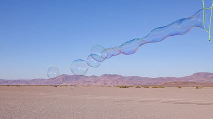 A line of a large soap bubbles fly away from long bubble wands, Alvord desert with Steens mountains in the background
