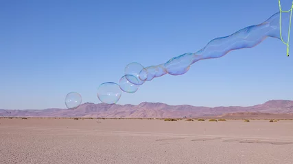 Fotobehang A line of a large soap bubbles fly away from long bubble wands, Alvord desert with Steens mountains in the background © Dmitry