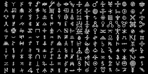 Large set of alchemical symbols isolated on white background. Hand drawn and written elements for signs design. Inspiration by mystical, esoteric, occult theme. Vector. - obrazy, fototapety, plakaty