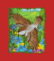 cartoon scene with beautiful bird on the meadow illustration for children