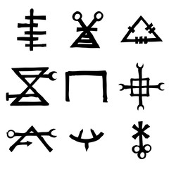 Set of esoteric symbol design elements. Imaginary handwritten alchemy signs, space, spirituality, inspired by mysticism, freemasonry, astrology. Vector .