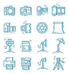 Set of camera and photographer equipment icons with outline style.