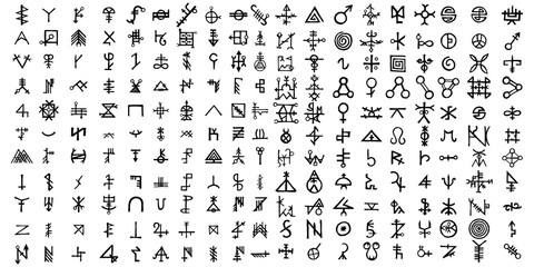 Big set of esoteric symbol design elements. Imaginary handwritten alchemy signs, space, spirituality, inspired by mysticism, freemasonry, astrology. Vector .