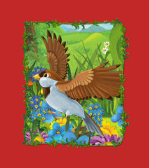 cartoon scene with beautiful bird on the meadow illustration
