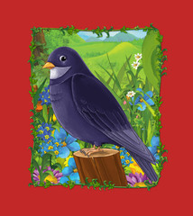 cartoon scene with beautiful cuckoo bird in the meadow - illustration