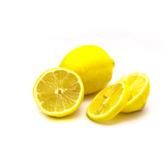 Studio shot one lemon with fresh slice cuts isolated on white