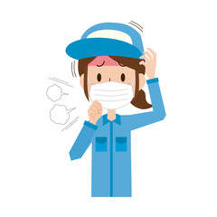 女性　マスク　咳　風邪　苦しい　作業員　作業者