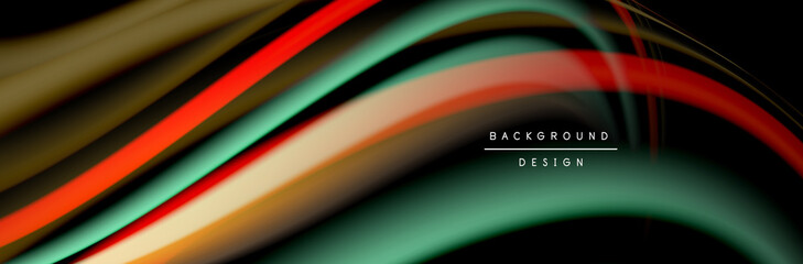 Сolorful flow poster. Wave liquid lines and shapes in black color background. Vector Illustration