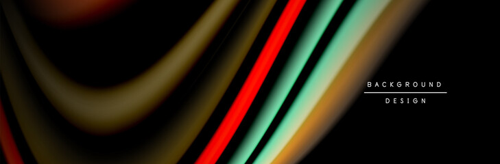 Сolorful flow poster. Wave liquid lines and shapes in black color background. Vector Illustration