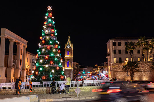 Tel Aviv \ Israel - 19 december 2019: A long exposure night photo of a Christmas Tree in Tel Aviv at Yossi Carmel Square