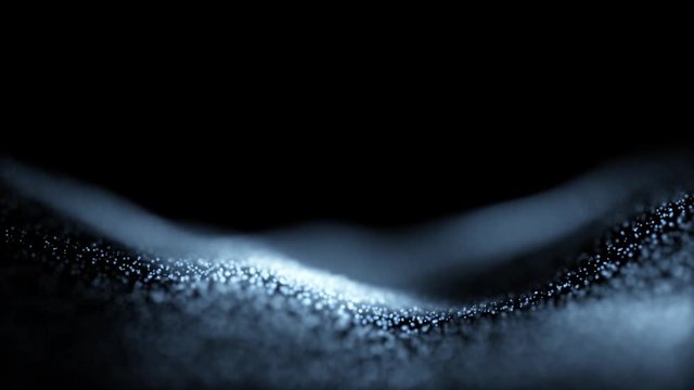 Blurry shiny dots slowly waving on dark black copy space background.