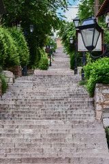 Bottom of Stairs or Stairway looking Up with greenery and lamp posts along side of it