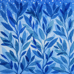 Watercolor classic blue pattern with leaves creative background