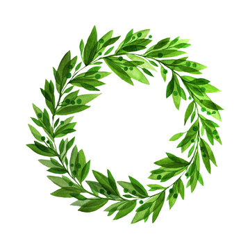 Green laurel wreath watercolor leaves copy space