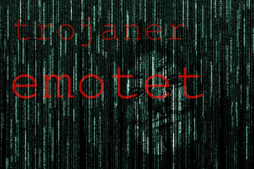 graphic for the ransomware emotet, red font on a green matrix background and a anonymous maskvirus,...