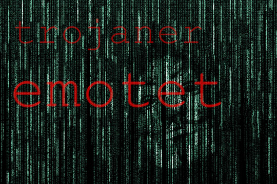 graphic for the ransomware emotet, red font on a green matrix background and a anonymous maskvirus, trojanerr, hacker 