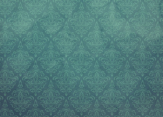 Deep Ocean Blue Green Teal Damask Wallpaper Pattern With Watercolor Stains