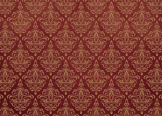 Royal Red and Gold Damask Wallpaper Pattern With Watercolor Stains