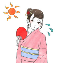 汗をかく着物女性