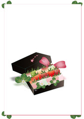 いちごのギフトボックスピンクのリボンカラフルなイチゴのイラスト縦スタイル背景素材