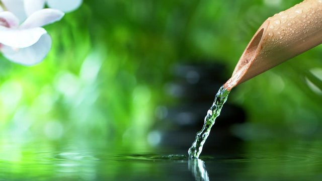 Super slow motion of leaking water stream from bamboo, spa and wellness concept. Filmed on very high speed cinema camera, 1000 fps.