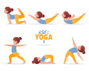 kids yoga set. Gymnastics for children and healthy lifestyle. Cartoon kids in different yoga poses.  Vector art and illustration.