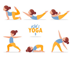 kids yoga set. Gymnastics for children and healthy lifestyle. Cartoon kids in different yoga poses.  Vector art and illustration.