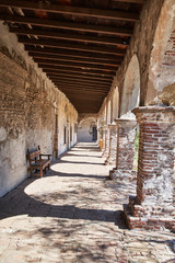 Corridor and Pillars in a Historic Spanish Mission Church in California