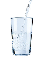 Pouring fresh pure water into a glass isolated on white background, Healthcare and beauty hydration concept