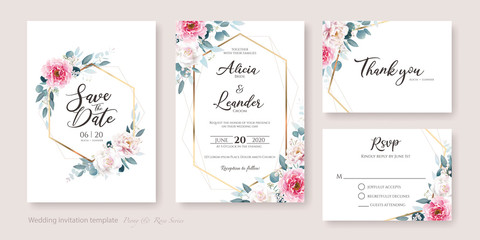 Set of floral wedding Invitation card, save the date, thank you, rsvp template. Vector. Pink peony flower and white rose with greenery, silver dollar, olive leaves, Wax flower. © negoworks
