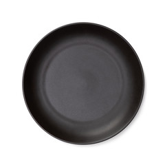 Blank black ceramic round dish isolated on white background with shadow, Flat lay of traditional handcrafted kitchenware concept