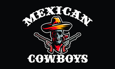 Mexican cowboys skull with gun design for t-shirt design isolated on black background