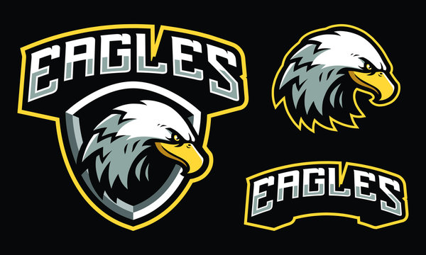 Eagles mascot logo design with extra shield for sport / e-sport logo isolated on black background