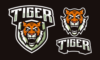 Tiger head mascot logo design with extra shield for sport / e-sport logo isolated on dark background